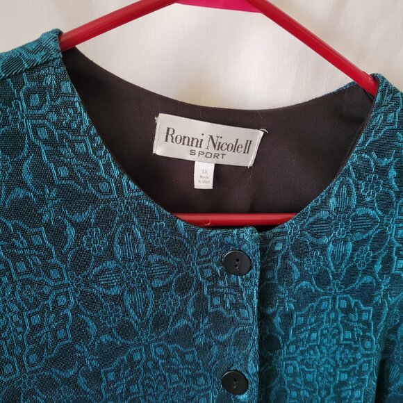 Vtg Ronni Nicole II Sport 1X Plus Blouse Tapestry shoulder pads turquoise EUC - Picture 5 of 11
